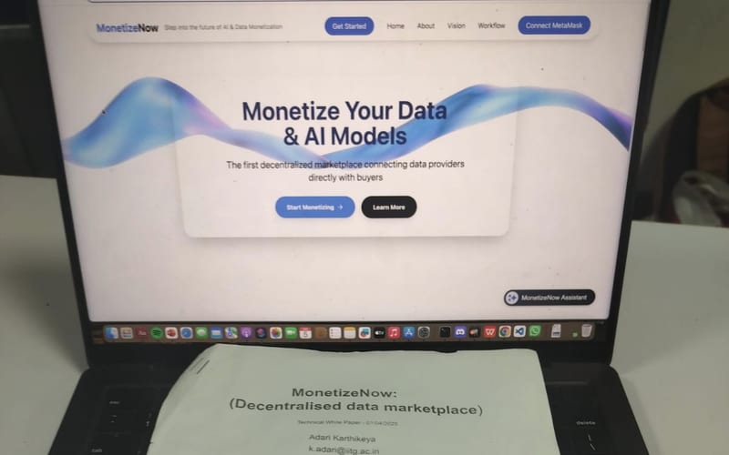 MonetizeNow decentralized data marketplace site on a laptop screen